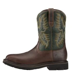 Ariat Boots: Men's 10017434 Brown Green Sierra Wide 10" Steel Toe Slip Resistant Pull On Work Boots -BootHaven Store 10017434 side